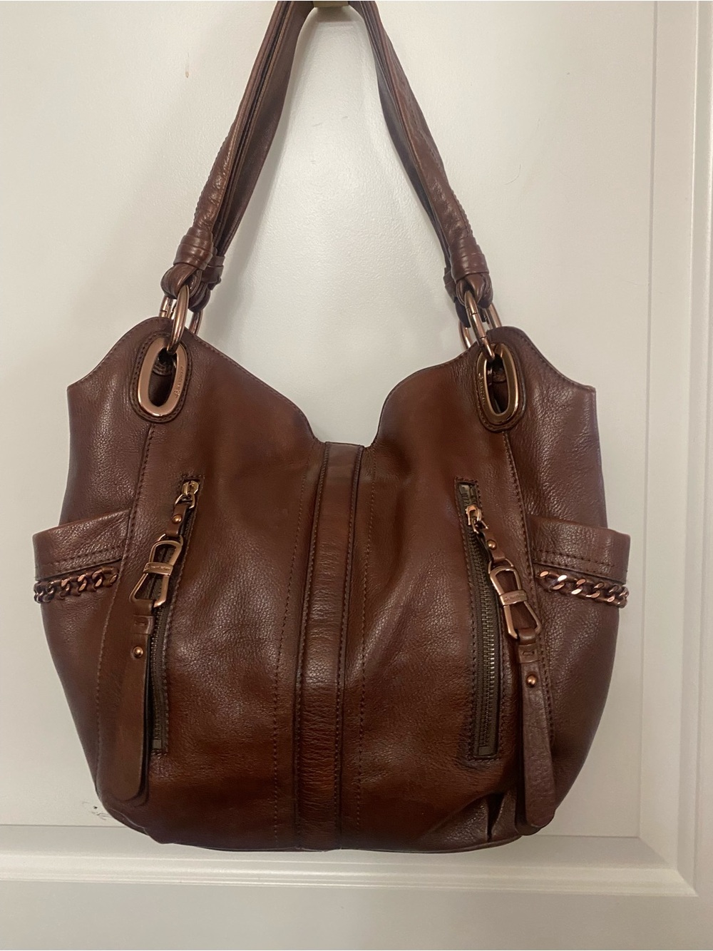 B. Makowski Deep Burgundy Shoulder Bag with Rose Gold Hardware & Chain Detail